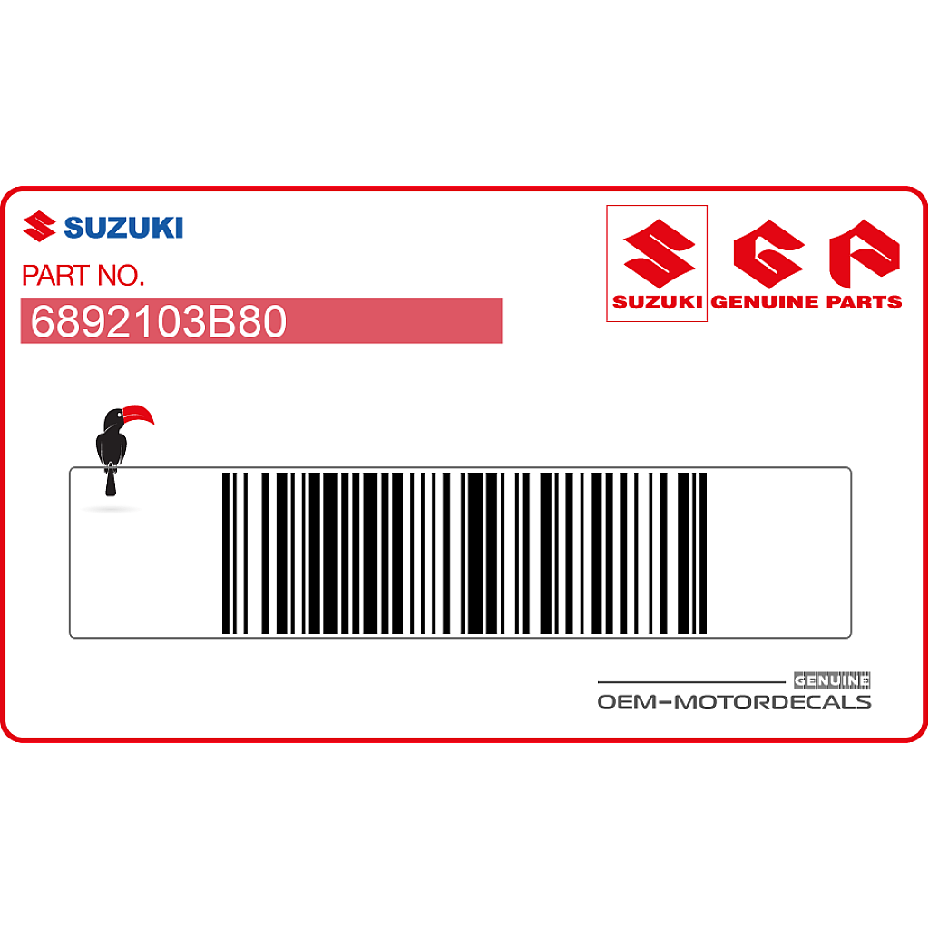 Suzuki RM85 Naklejka ostrzegawcza lewa strona OEM 6892103B80 fabryczna naklejka winylowa na ramę lub karoserię motocykla.