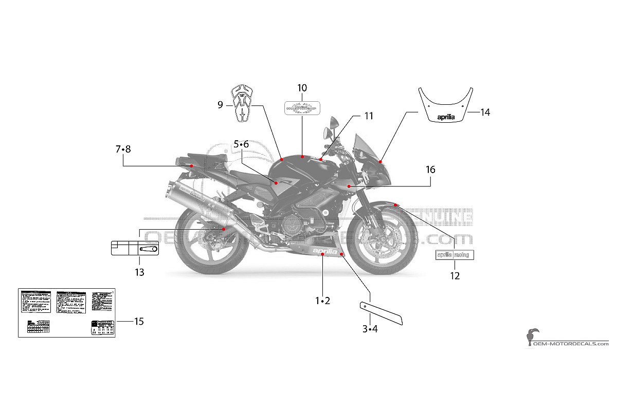 Stickers voor Aprilia RSV TUONO 1000 IE 2004 - Rood • Aprilia OEM Stickers