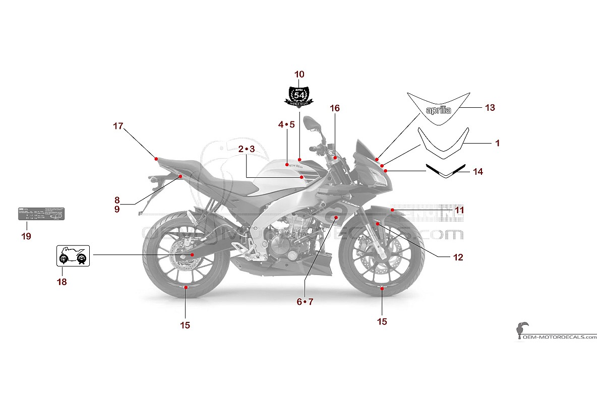 Decals for Aprilia TUONO 125 2017 - Silver • Aprilia OEM Decals