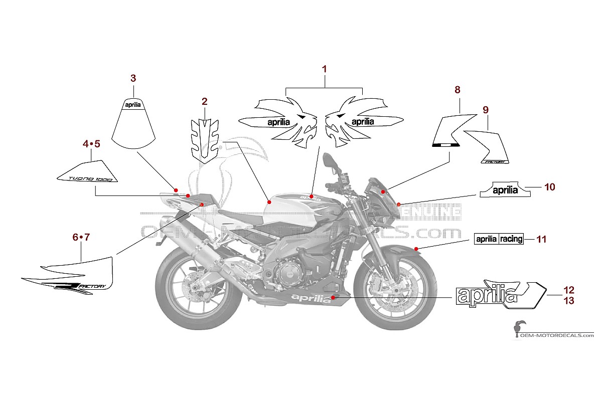 Stickers voor Aprilia RSV TUONO 1000 R FACTORY 2008 - Rood • Aprilia OEM Stickers