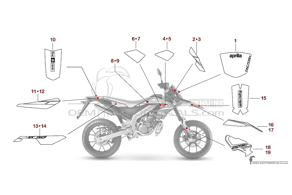 Stickers voor Aprilia SX50 FACTORY 2020 - Rood • Aprilia OEM Stickers