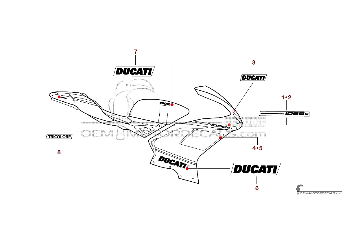 Autocollants pour Ducati 1098 S 2008 - Rouge • Ducati Autocollants OEM