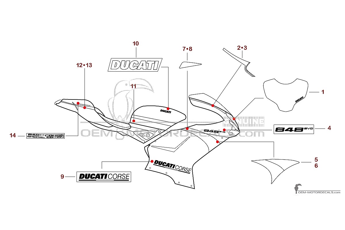 Decals for Ducati 848 EVO CORSE 2012 Special Edition - Black Red • Ducati OEM Decals