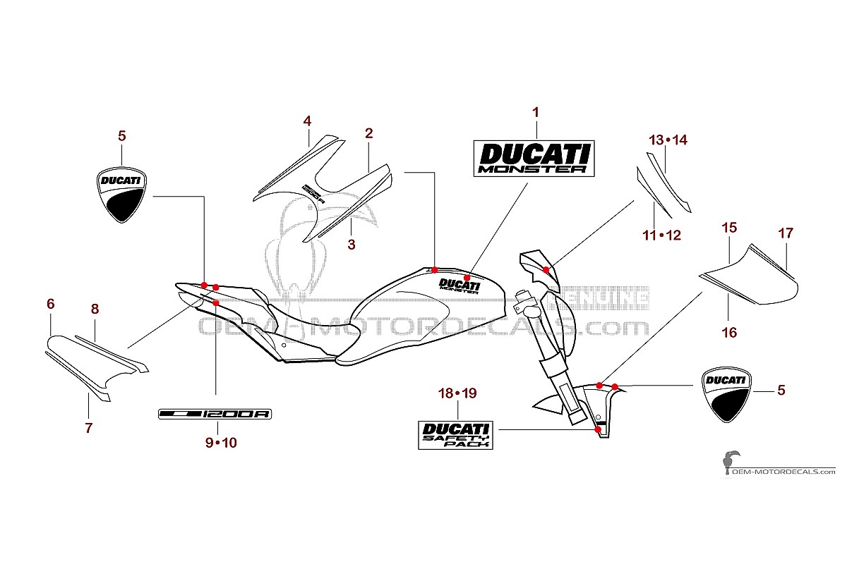 Autocollants pour Ducati MONSTER 1200 R 2016 - Rouge • Ducati Autocollants OEM