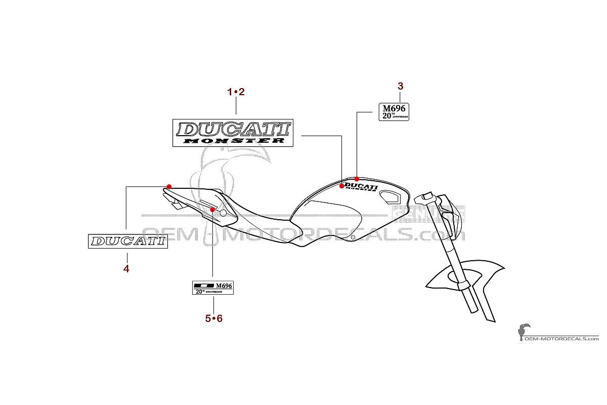 Aufkleber für Ducati MONSTER 696 2013 20th Anniversary - Rot • Ducati OEM-Aufkleber