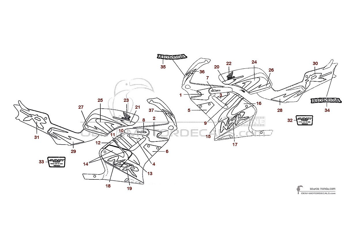 Stickers voor Honda NSR125 1998 - Rood • Honda OEM Stickers