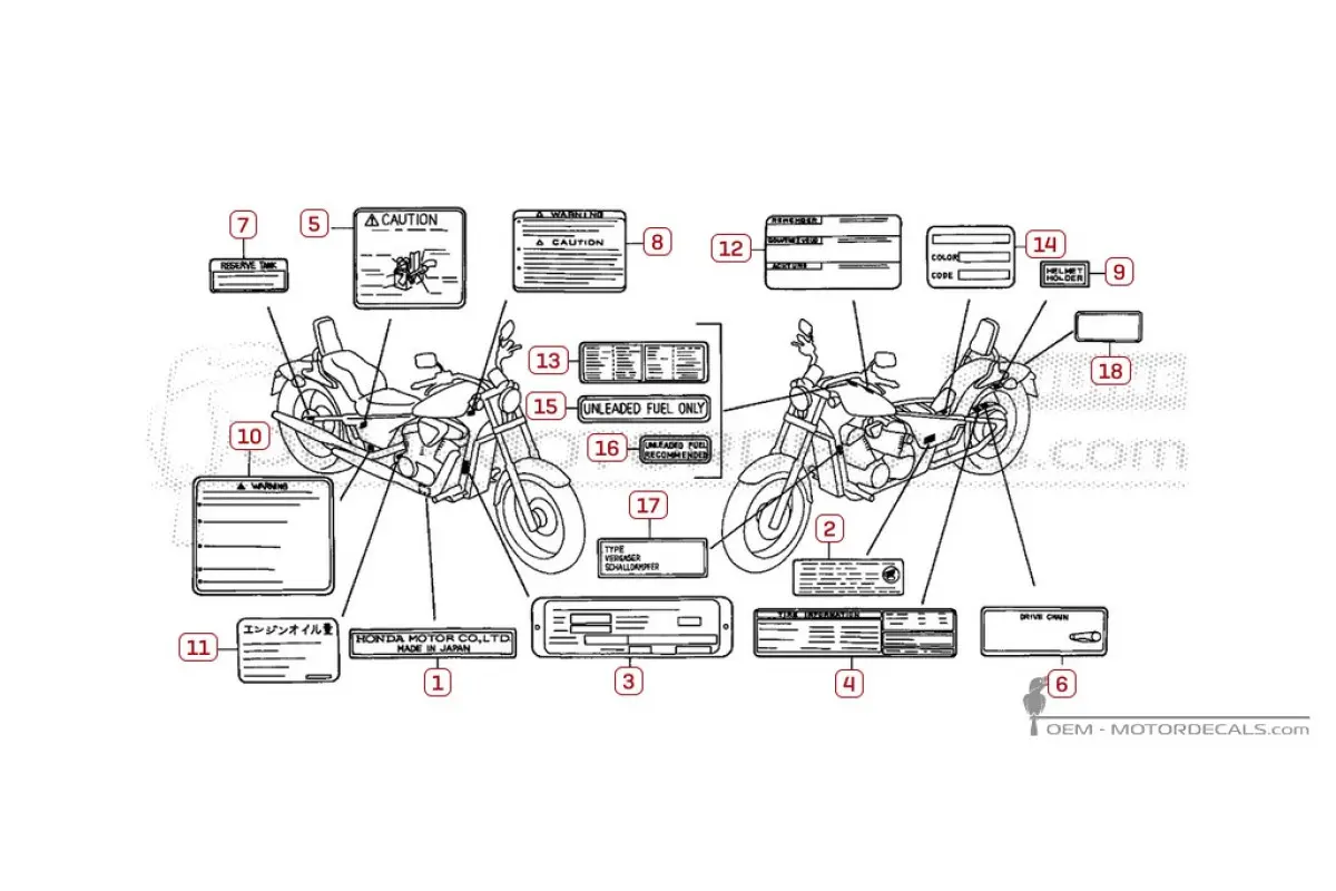 Waarschuwingslabels voor VT600C SHADOW 1996 • Honda OEM Stickers