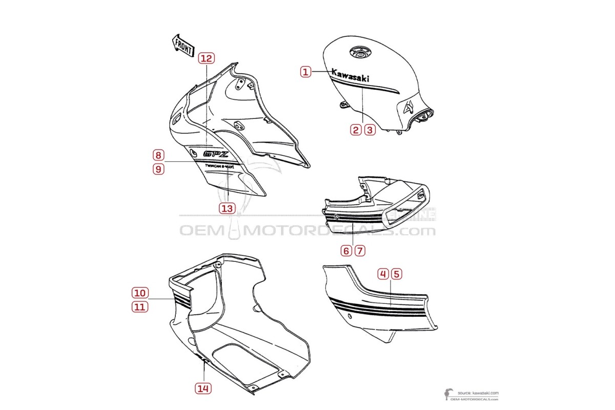 Autocollants pour Kawasaki GPZ500S 1989 - Blanc • Kawasaki Autocollants OEM