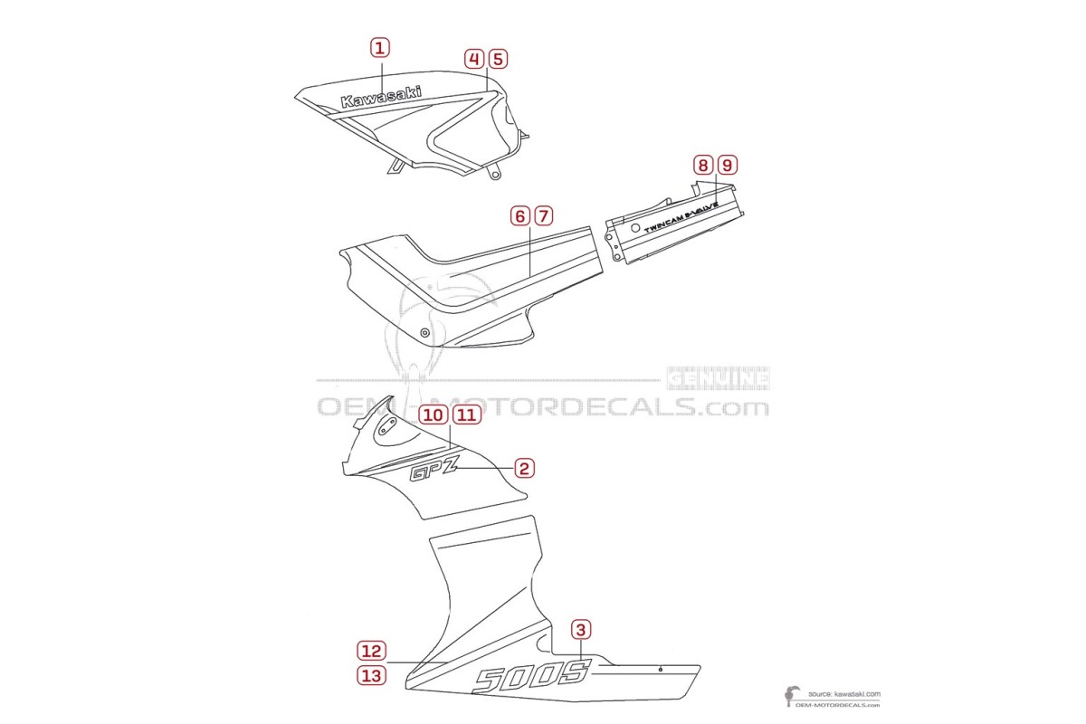 Pegatinas para Kawasaki GPZ500S 1992 - Gris • Kawasaki Pegatinas OEM