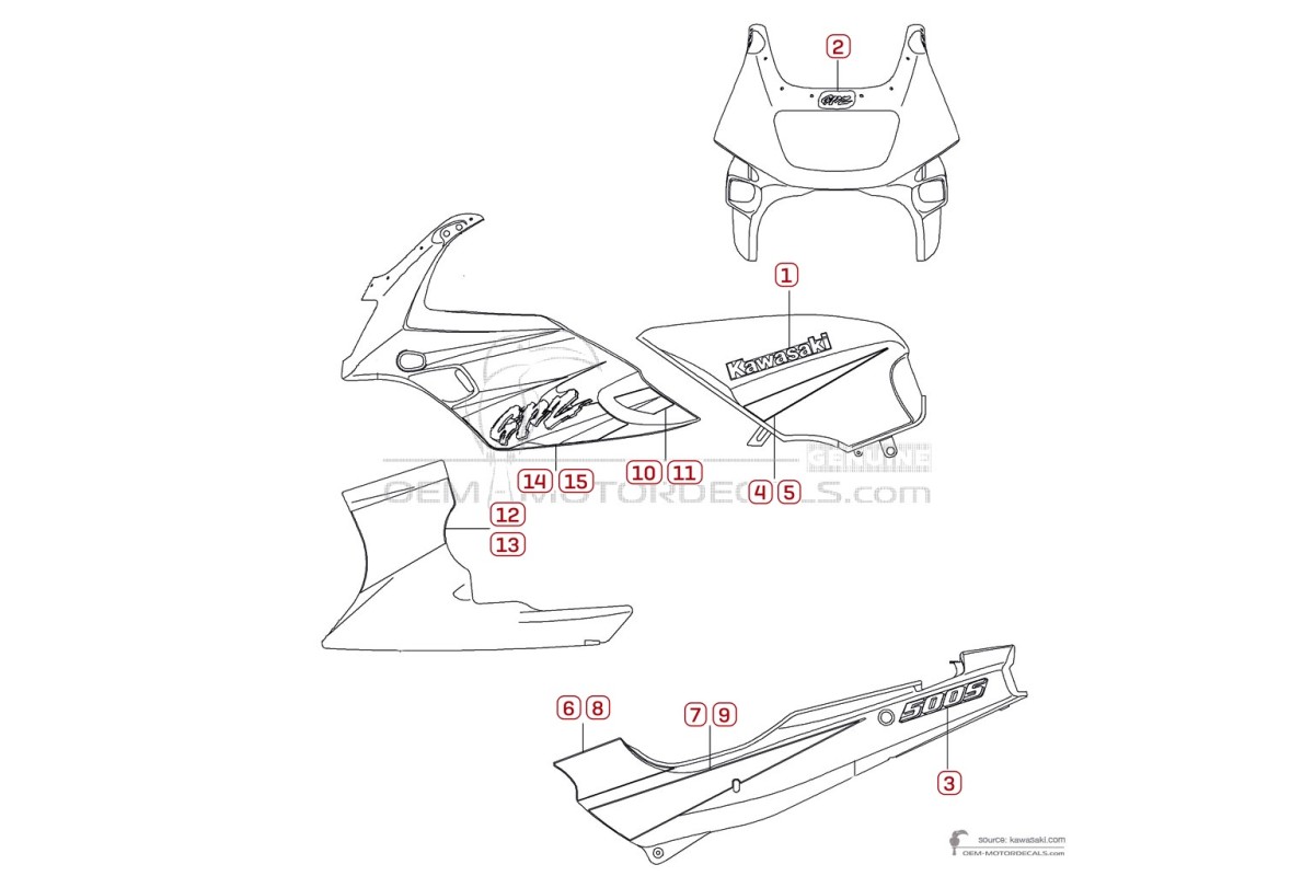 Adesivi per Kawasaki GPZ500S 2002 - Argento • Kawasaki Adesivi OEM