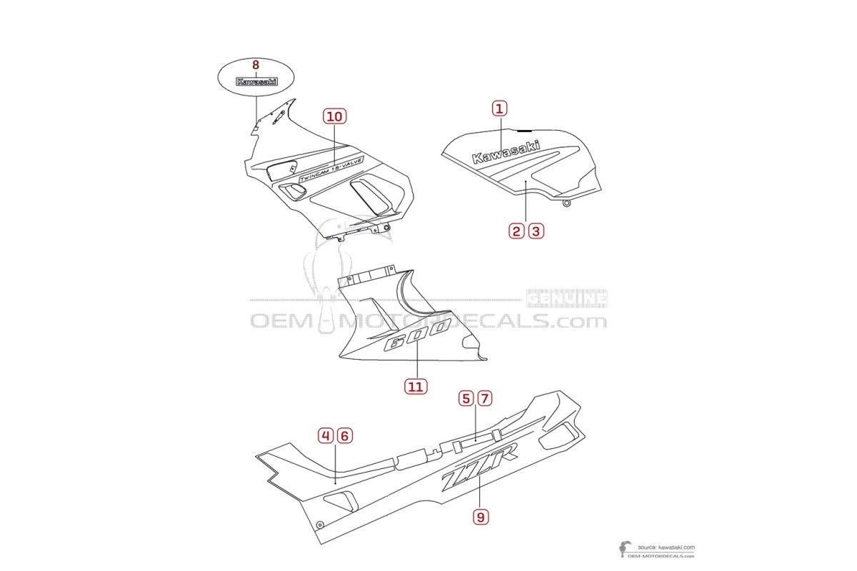 Autocollants pour Kawasaki ZZR600 1991 - Argent • Kawasaki Autocollants OEM
