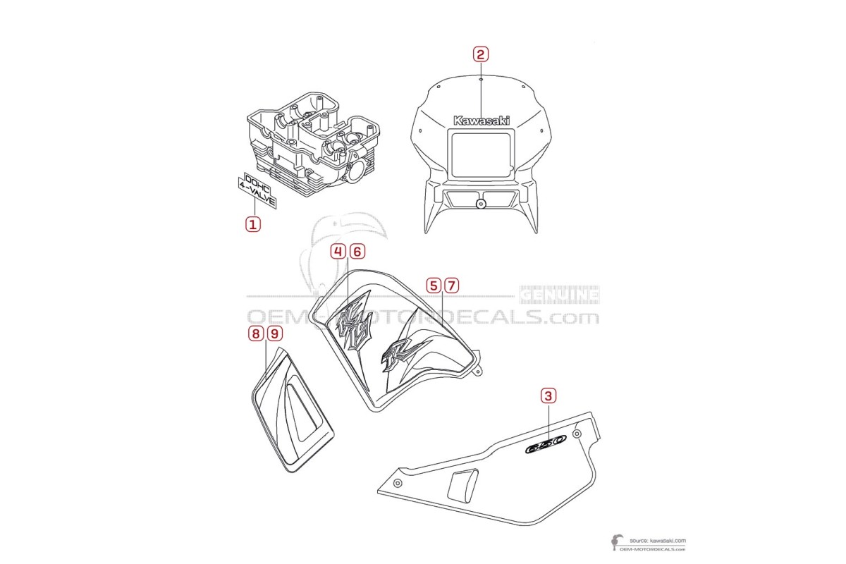 Stickers voor Kawasaki KLR650 2004 - Rood • Kawasaki OEM Stickers