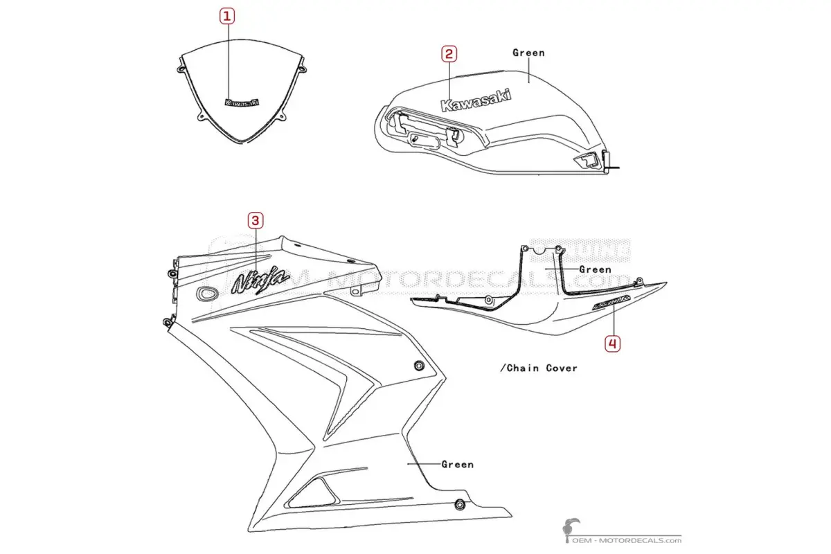 Decals for Kawasaki NINJA 250R | EX250 2008 • Kawasaki OEM Decals