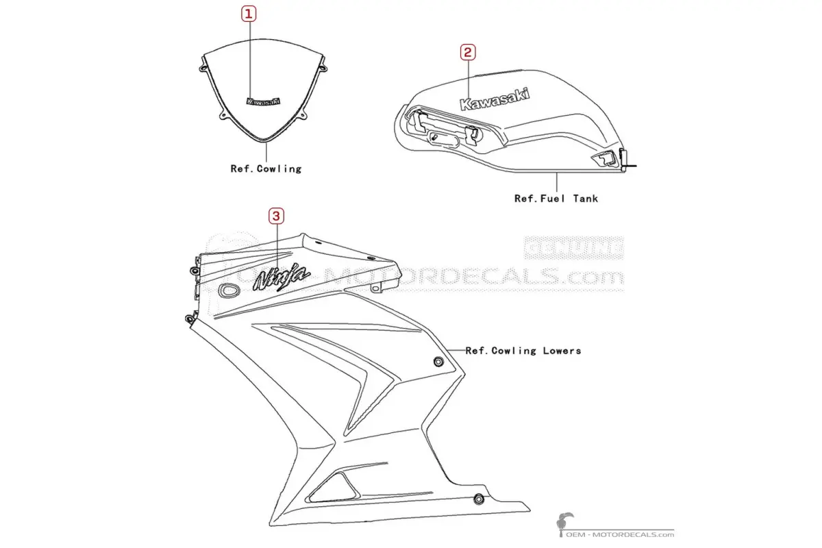 Decals for Kawasaki NINJA 250R | EX250 2009 • Kawasaki OEM Decals