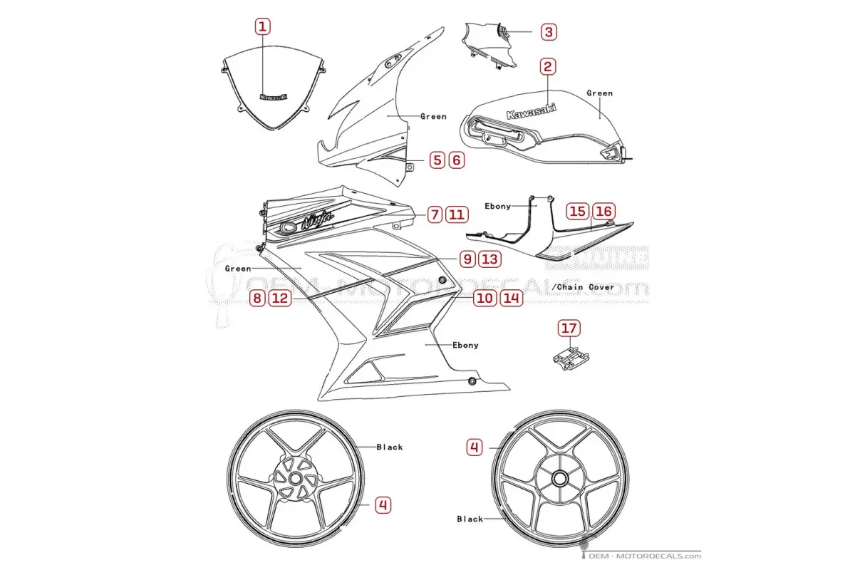 Decals for Kawasaki NINJA 250R | EX250 2011 • Kawasaki OEM Decals