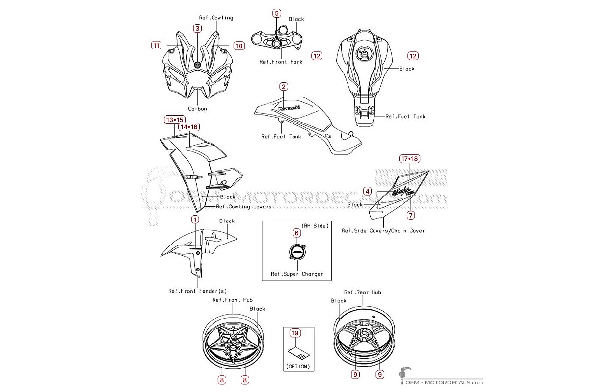 Pegatinas para Kawasaki NINJA H2 | ZX1000 Carbon 2018 • Kawasaki Pegatinas OEM