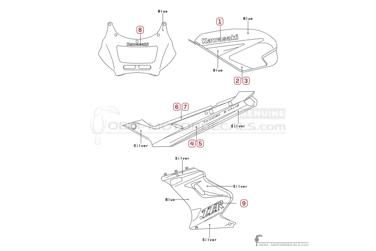 Autocollants pour Kawasaki ZZ-R250 | EX250 1991 • Kawasaki Autocollants OEM