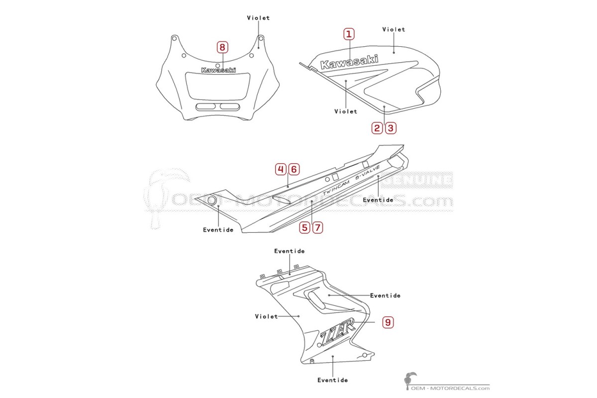 Autocollants pour Kawasaki ZZ-R250 | EX250 1992 • Kawasaki Autocollants OEM