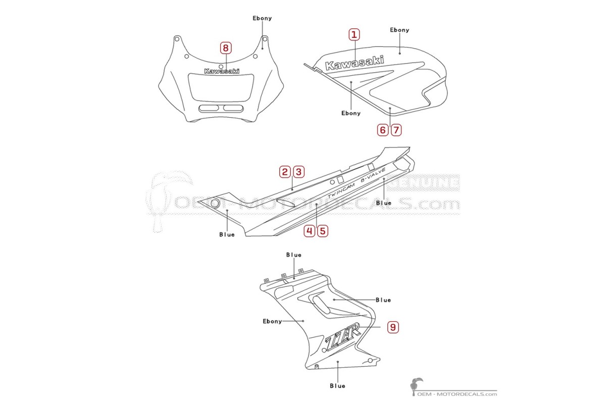 Autocollants pour Kawasaki ZZ-R250 | EX250 1993 • Kawasaki Autocollants OEM