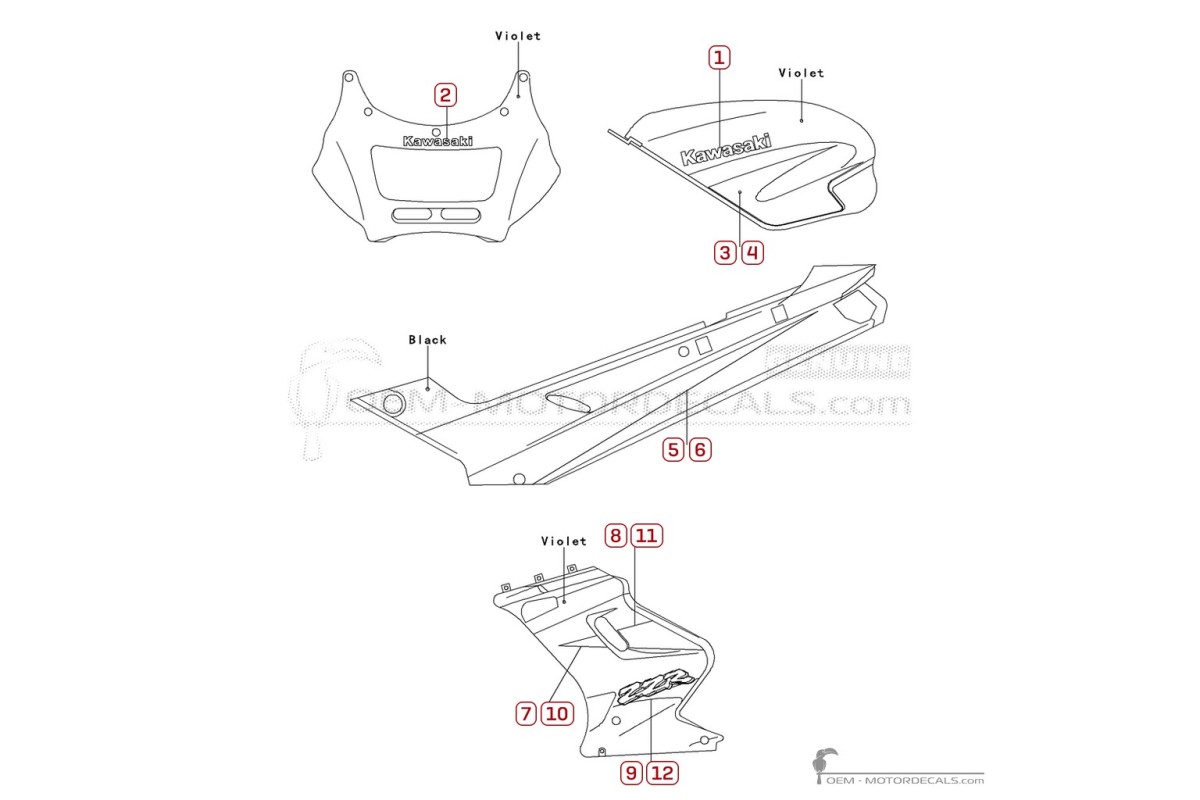 Autocollants pour Kawasaki ZZ-R250 | EX250 1997 • Kawasaki Autocollants OEM