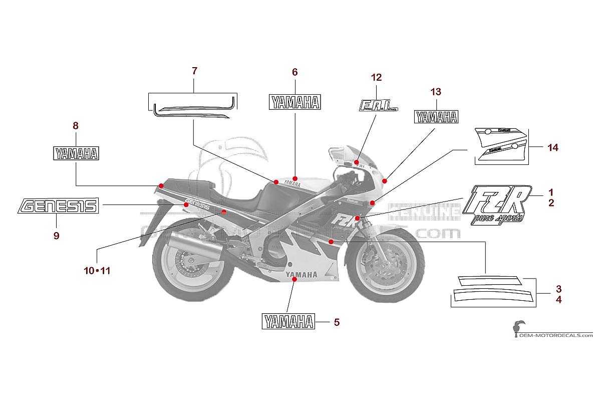 Autocollants pour Yamaha FZR1000 1988 - Bleu • Yamaha Autocollants OEM