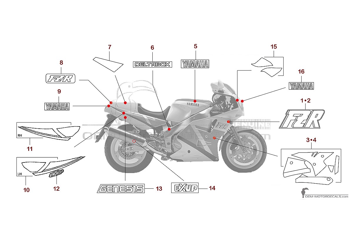 Adesivi per Yamaha FZR1000 1990 - Bianco • Yamaha Adesivi OEM