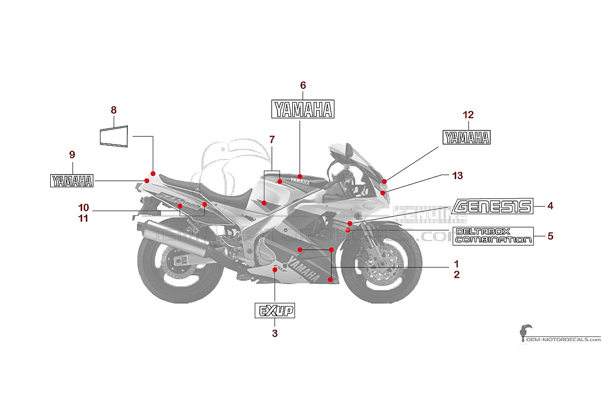 Autocollants pour Yamaha FZR1000 1995 - Blanc • Yamaha Autocollants OEM