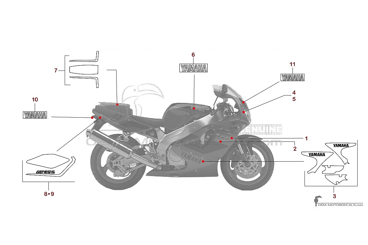 Stickers voor Yamaha YZF750R 1993 - Donkergrijs • Yamaha OEM Stickers