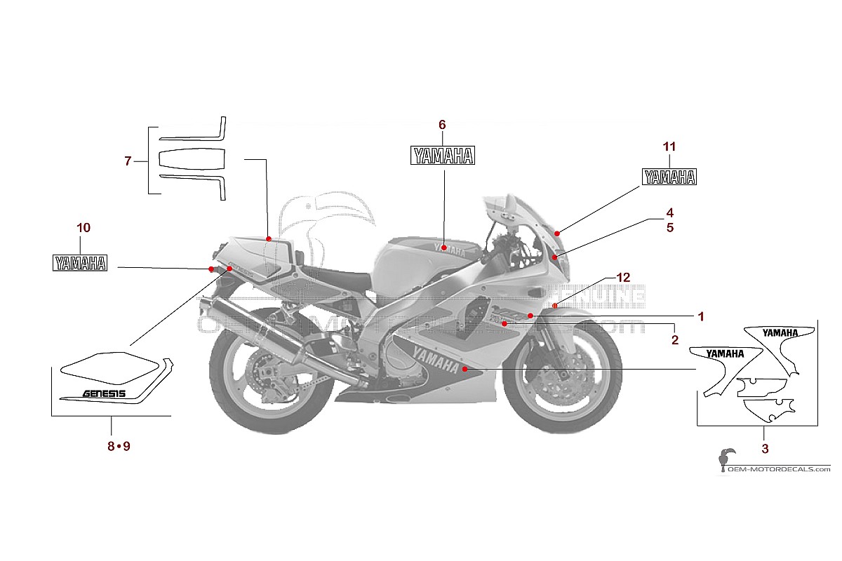 Decals for Yamaha YZF750R 1993 - White • Yamaha OEM Decals