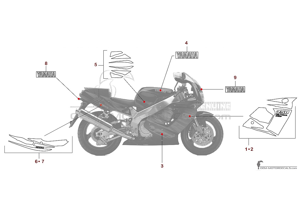 Adesivi per Yamaha YZF750R 1995 - Grigio scuro • Yamaha Adesivi OEM