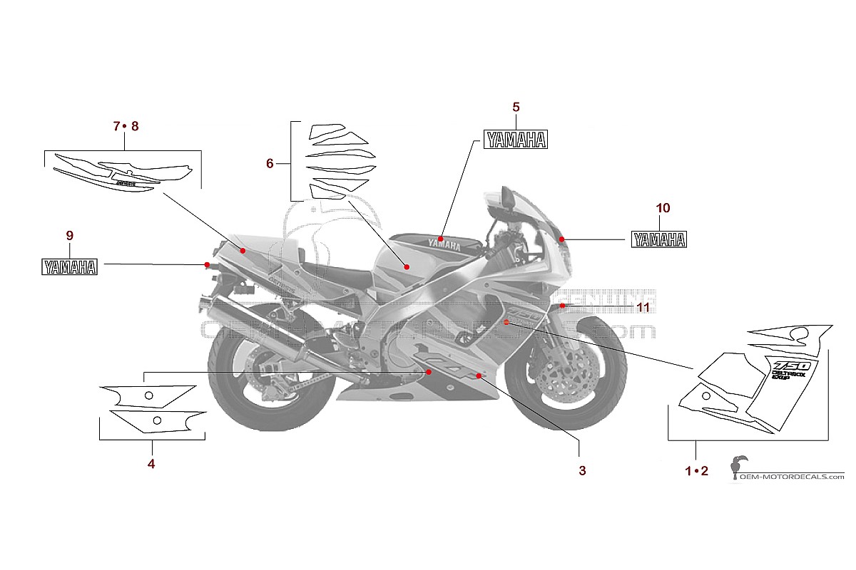 Aufkleber für Yamaha YZF750R 1995 - Weiss • Yamaha OEM-Aufkleber