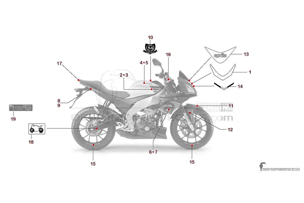 Decals for Aprilia TUONO 125 2019 - Silver • Aprilia OEM Decals