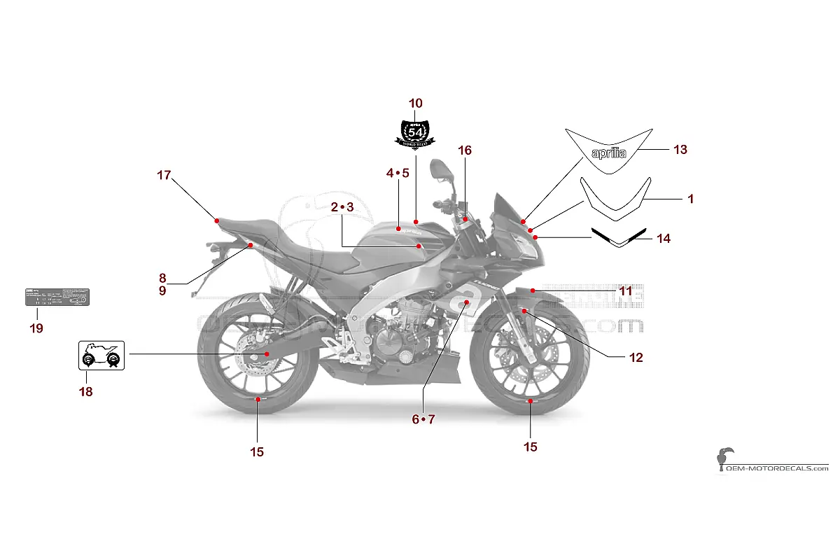 Decals for Aprilia TUONO 125 2019 - Red • Aprilia OEM Decals