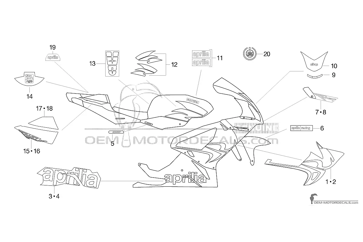 Decals for Aprilia RSV1000R Mille 2008 - White • Aprilia OEM Decals