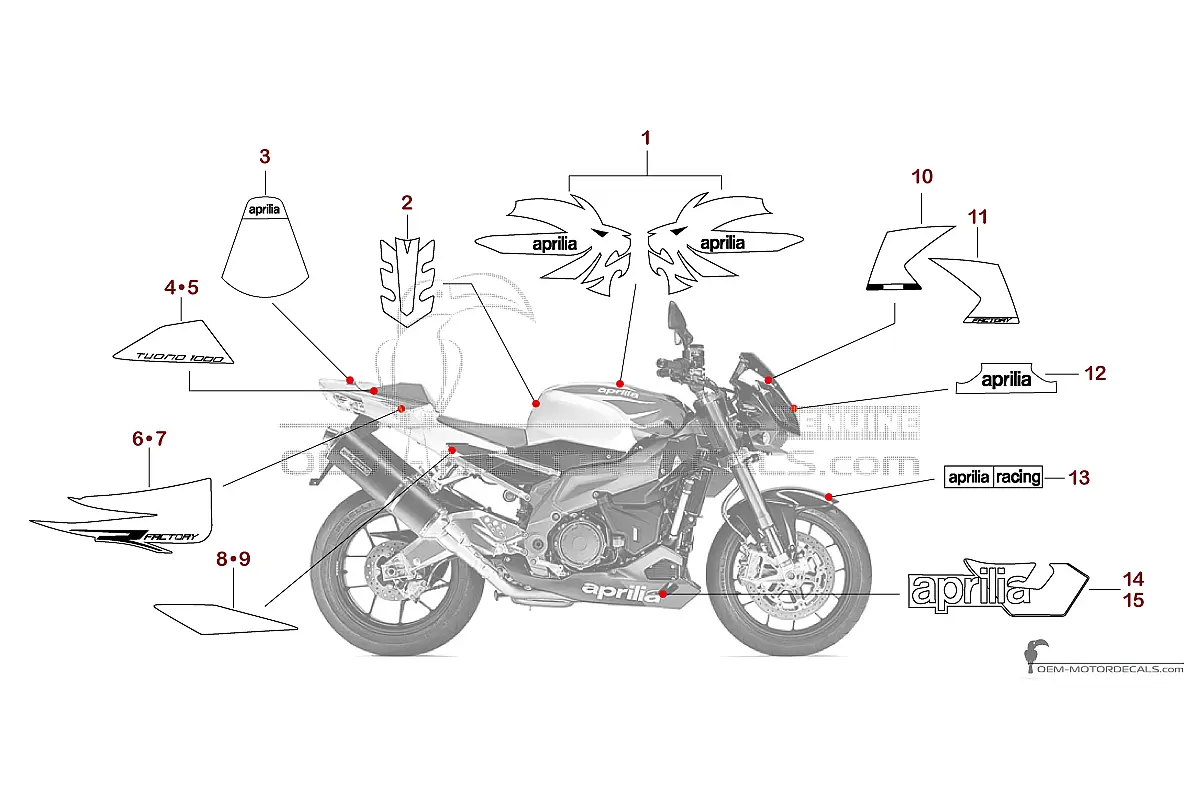 Decals for Aprilia RSV TUONO 1000 R FACTORY 2007 - Red • Aprilia OEM Decals
