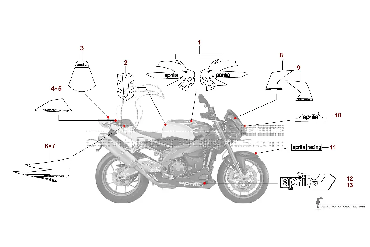 Decals for Aprilia RSV TUONO 1000 R FACTORY 2008 - Red • Aprilia OEM Decals