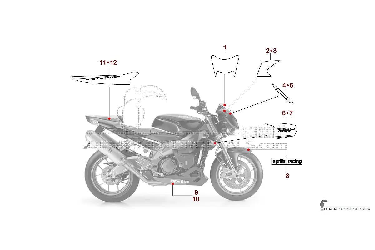 Stickers voor Aprilia RSV TUONO 1000 R FACTORY 2009 - Zwart • Aprilia OEM Stickers