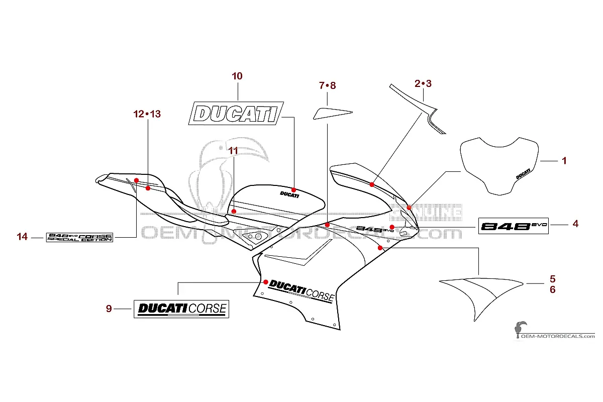 Stickers voor Ducati 848 EVO CORSE 2012 Special Edition - Zwart Rood • Ducati OEM Stickers
