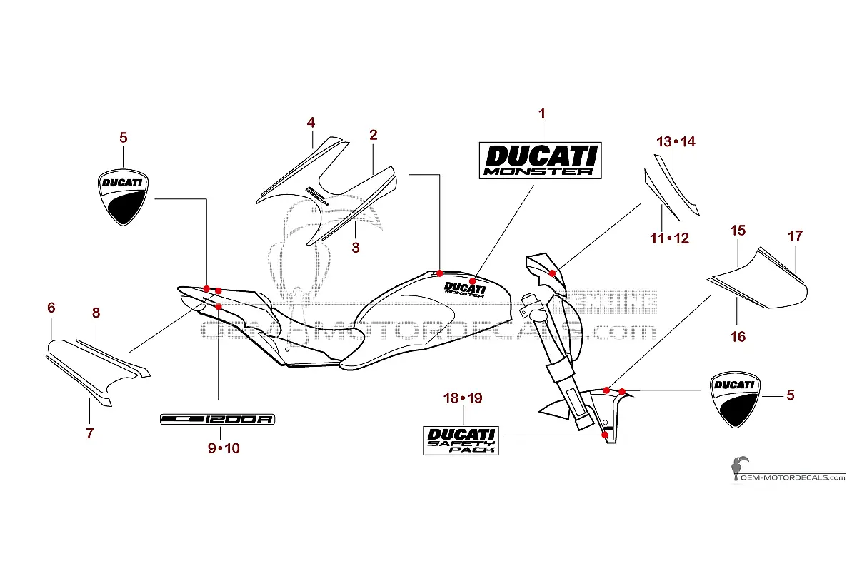 Decals for Ducati MONSTER 1200 R 2019 - Red • Ducati OEM Decals