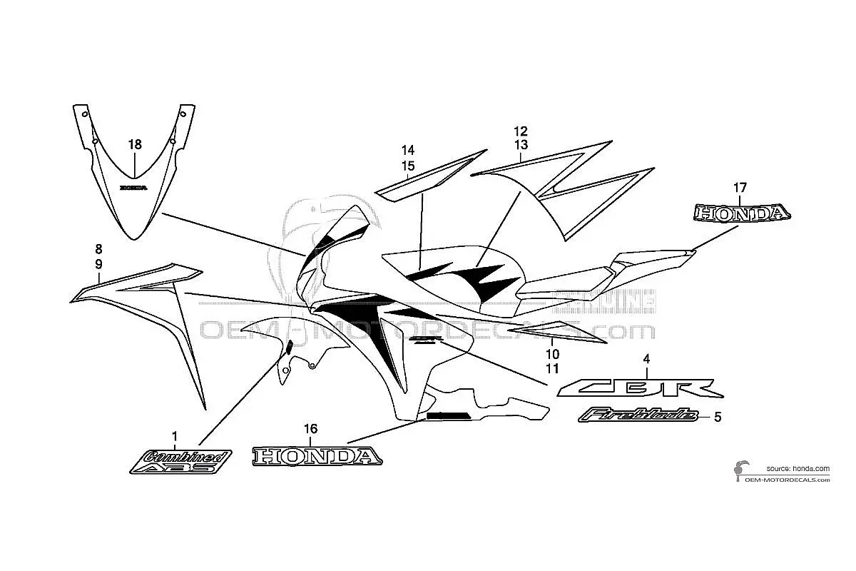 Naklejki do Honda CBR1000RR FIREBLADE 2010 - Czarno Biały • Honda Naklejki OEM
