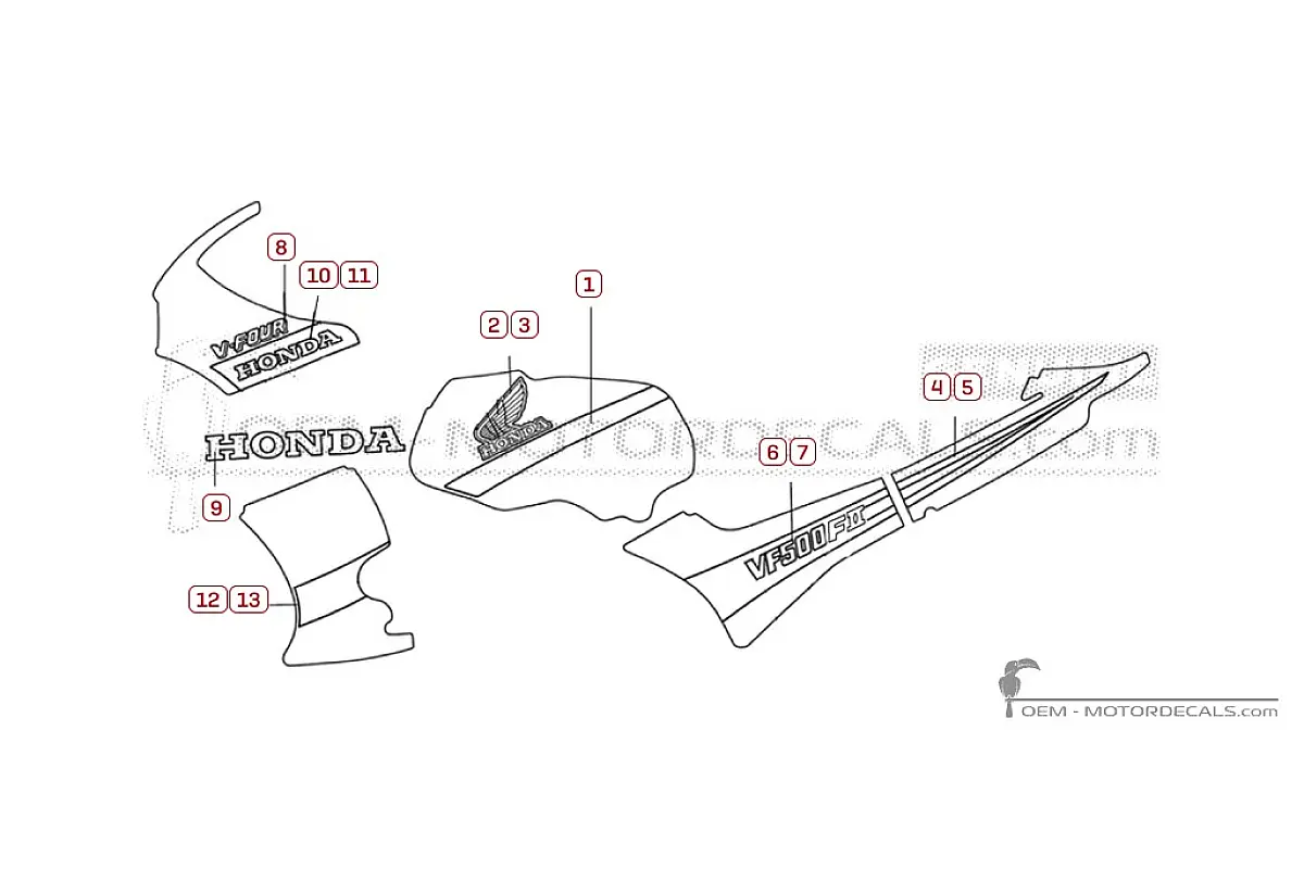 Decals for Honda VF500 FII Interceptor 1985 • Honda OEM Decals