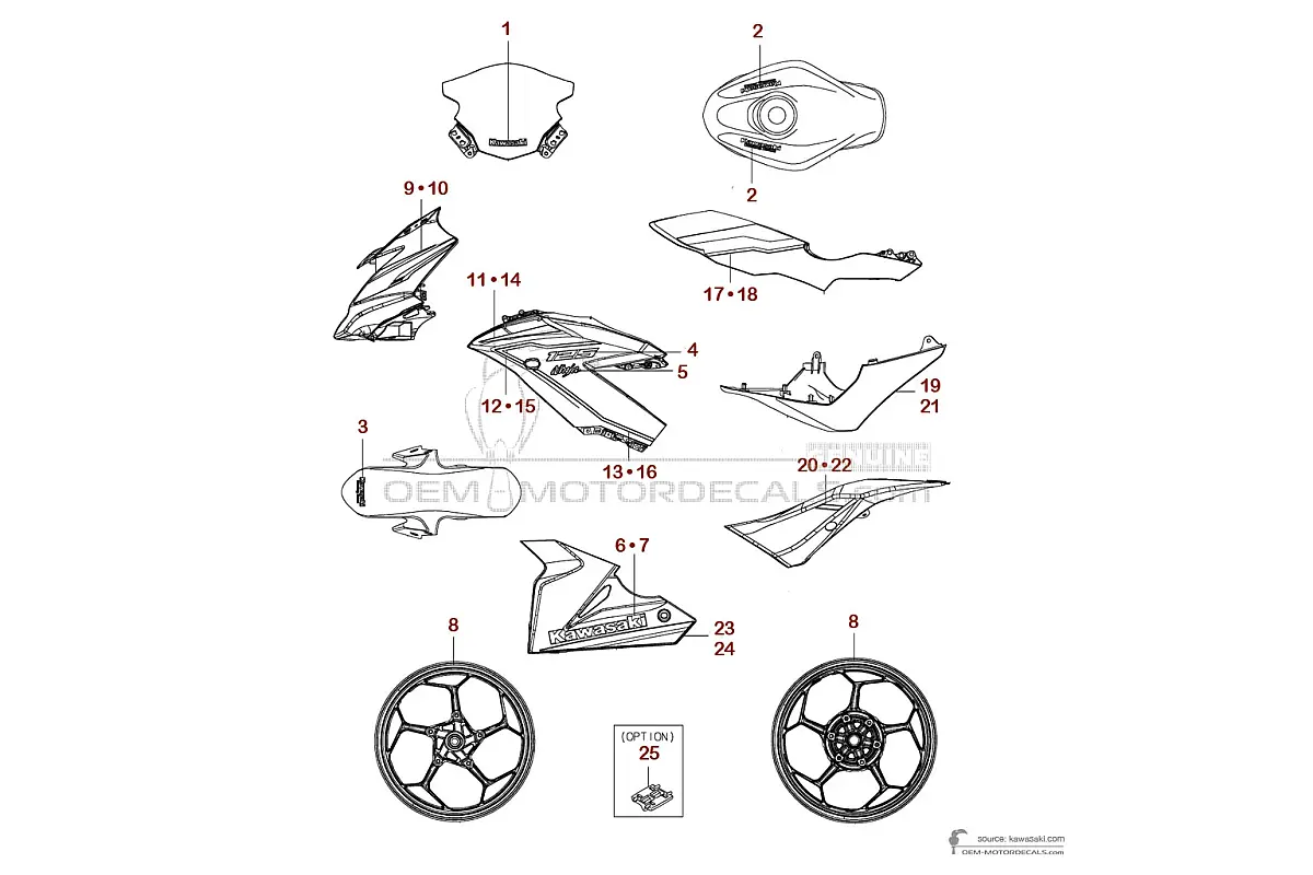 Stickers voor Kawasaki NINJA 125 2022 - Groen Zwart • Kawasaki OEM Stickers