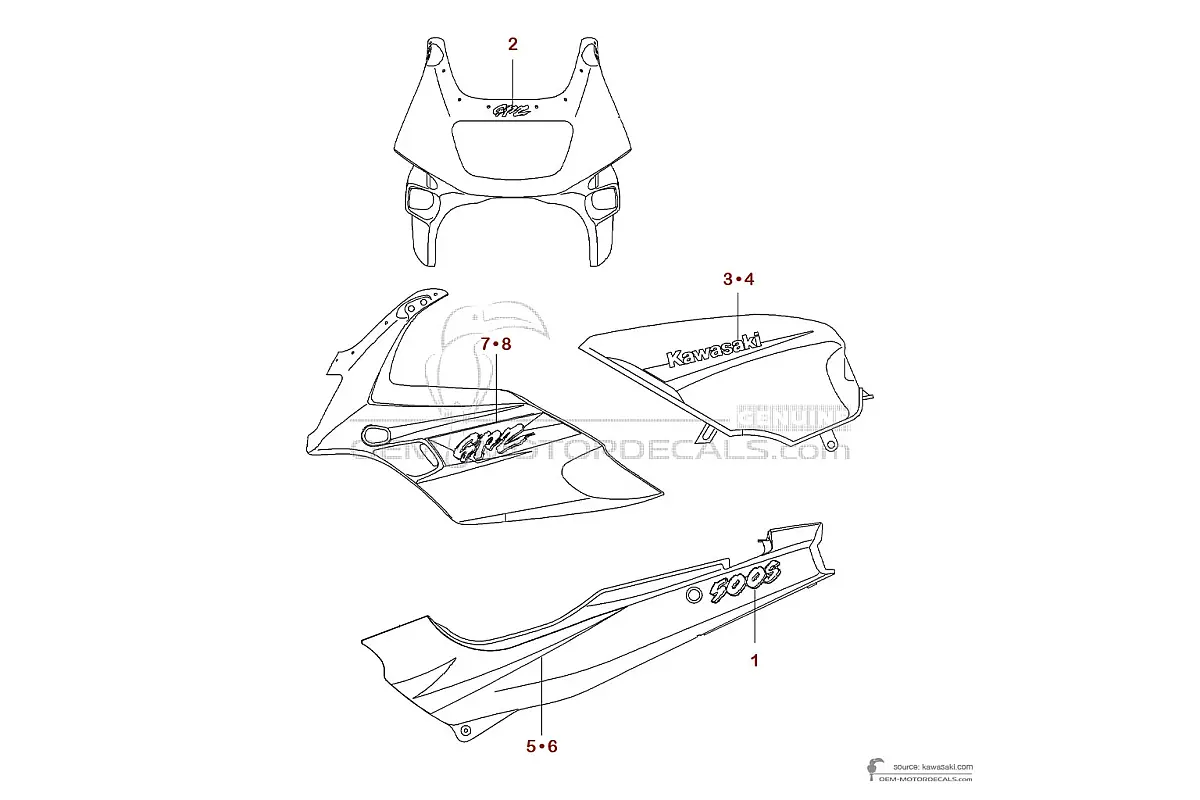 Autocollants pour Kawasaki GPZ500S 1996 - Violet • Kawasaki Autocollants OEM