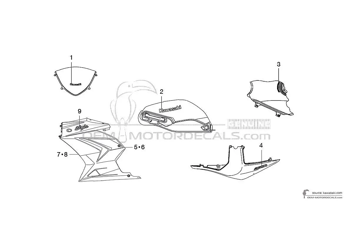 Stickers voor Kawasaki NINJA 250R 2009 - Groen Zwart • Kawasaki OEM Stickers