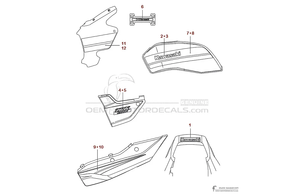 Decals for Kawasaki ZRX1200R 2004 - Red • Kawasaki OEM Decals
