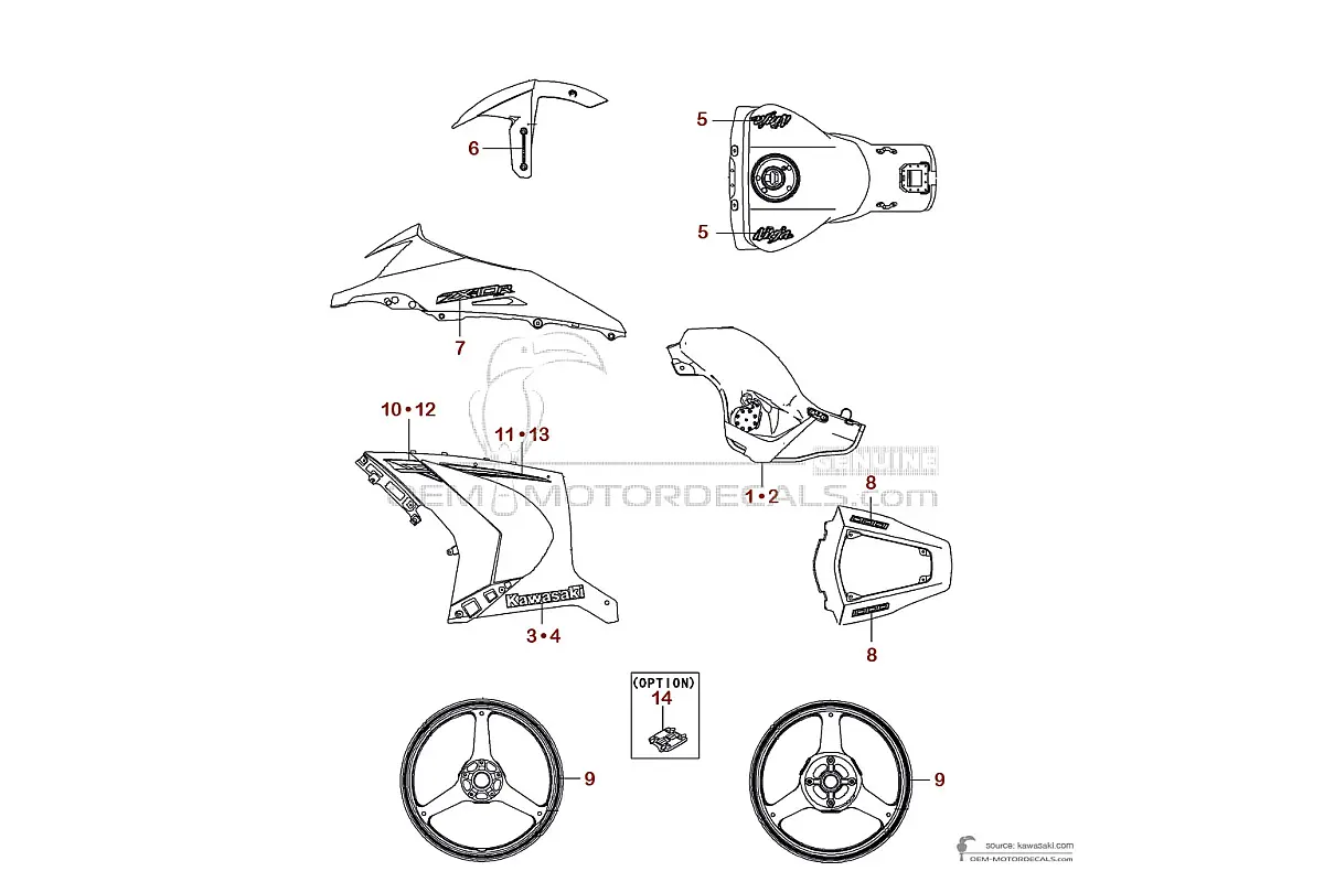 Autocollants pour Kawasaki ZX10R 2014 - Blanc • Kawasaki Autocollants OEM