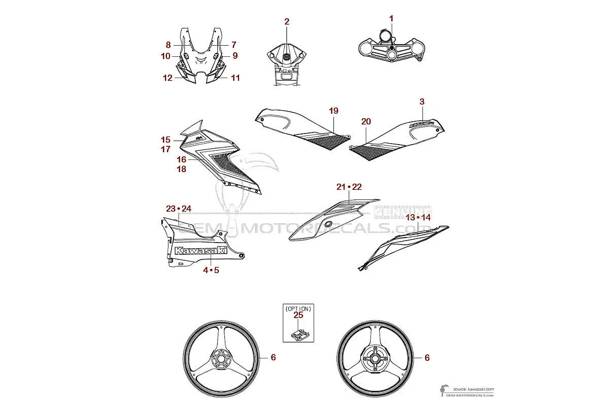 Autocollants pour Kawasaki ZX10R 2023 - Noir Blanc • Kawasaki Autocollants OEM