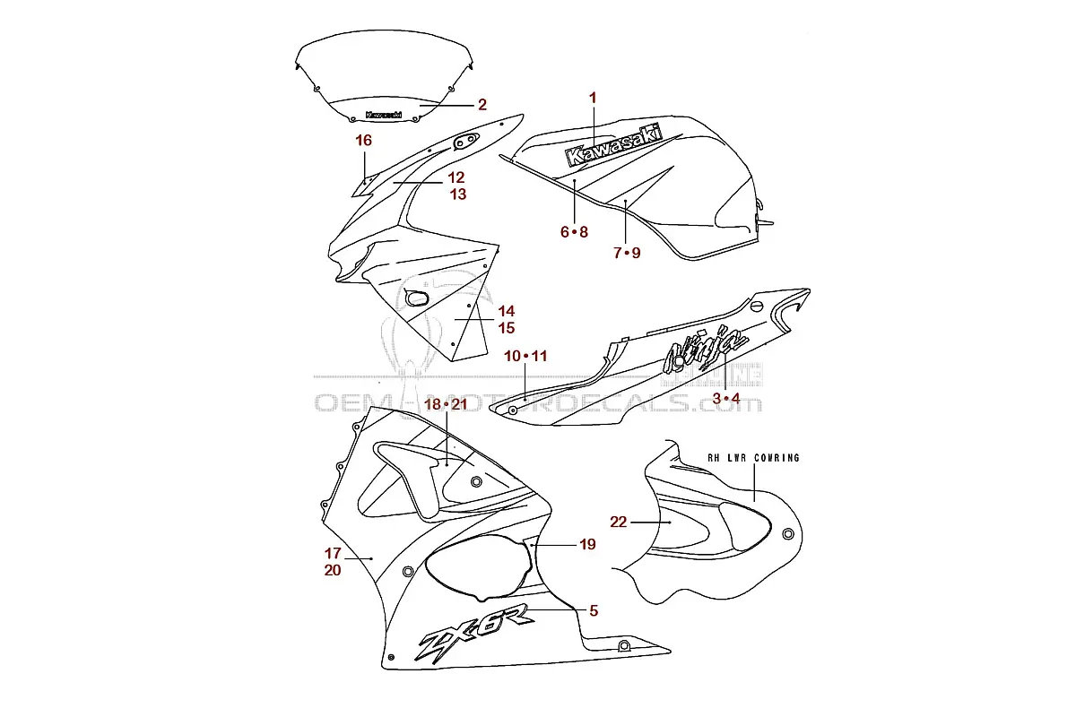 Autocollants pour Kawasaki ZX6R 1999 - Vert • Kawasaki Autocollants OEM