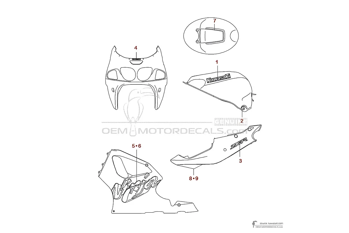 Stickers voor Kawasaki ZX7R 1998 - Zwart • Kawasaki OEM Stickers