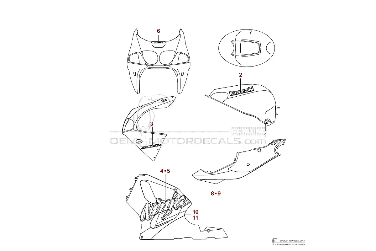 Adesivi per Kawasaki ZX7R 1999 - Rosso • Kawasaki Adesivi OEM
